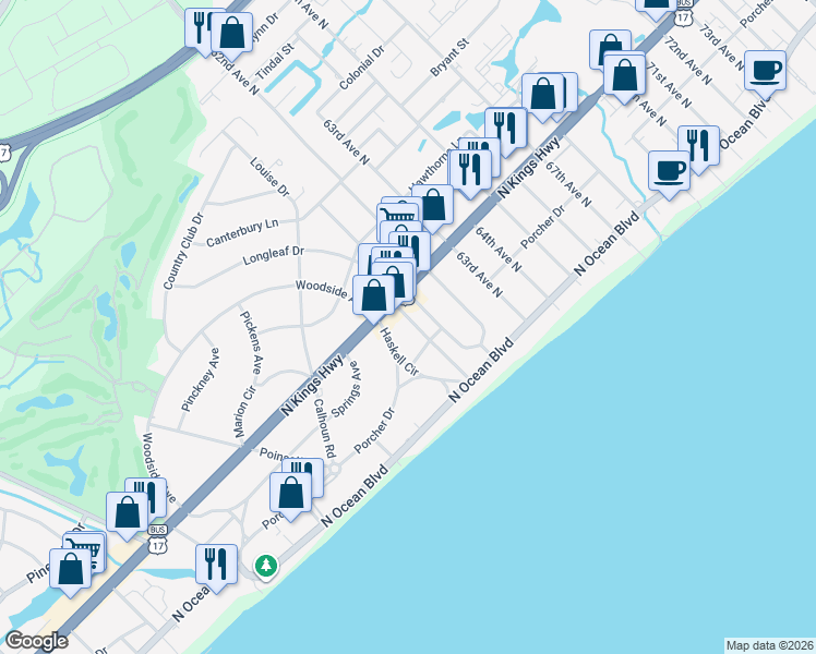 map of restaurants, bars, coffee shops, grocery stores, and more near 5920 Haskell Circle in Myrtle Beach