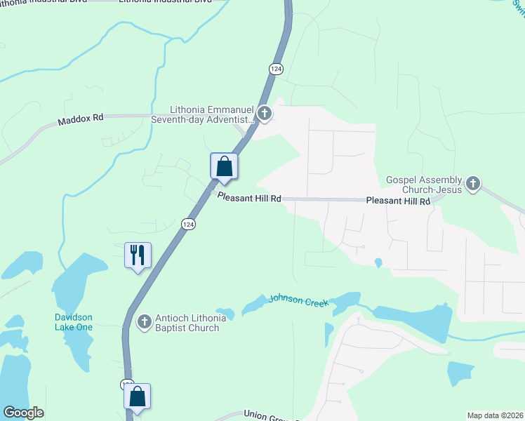map of restaurants, bars, coffee shops, grocery stores, and more near 7411 Pleasant Hill Road in Lithonia
