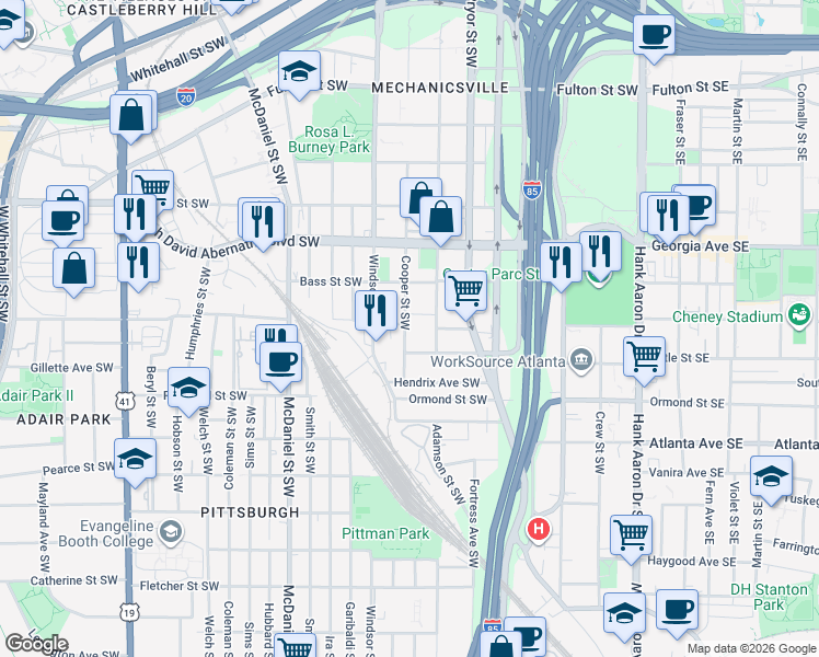 map of restaurants, bars, coffee shops, grocery stores, and more near 781 Cooper Street Southwest in Atlanta
