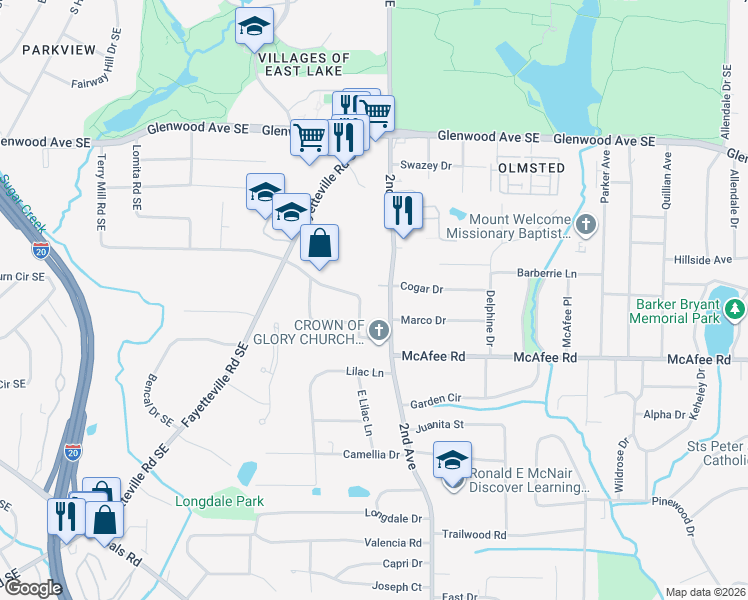 map of restaurants, bars, coffee shops, grocery stores, and more near 100 Jessica Avenue in Decatur