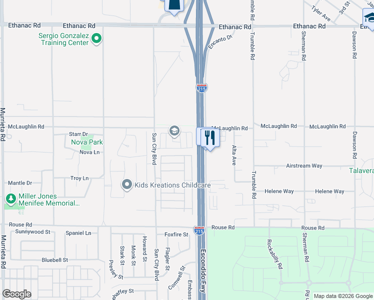 map of restaurants, bars, coffee shops, grocery stores, and more near 27917 Blaze Lane in Menifee