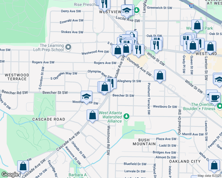map of restaurants, bars, coffee shops, grocery stores, and more near 1493 Beecher Street Southwest in Atlanta