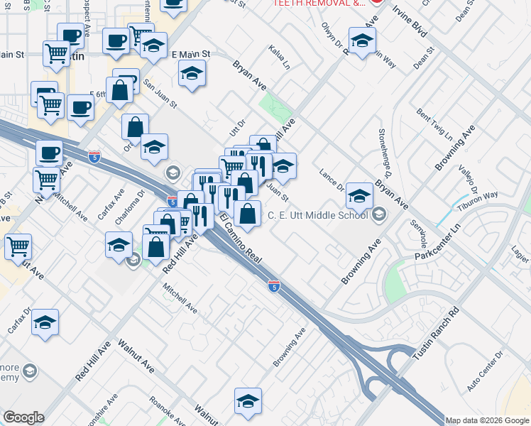 map of restaurants, bars, coffee shops, grocery stores, and more near 13843 Tustin East Drive in Tustin