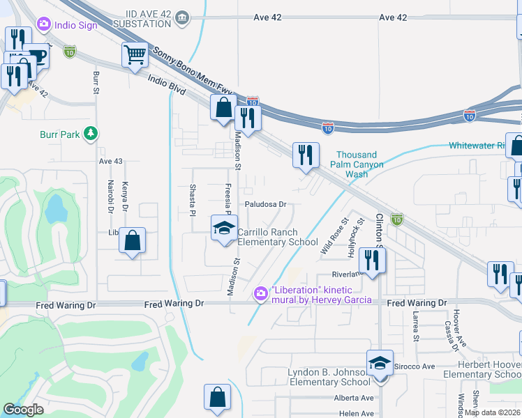 map of restaurants, bars, coffee shops, grocery stores, and more near 8135 Avenga Court in Indio