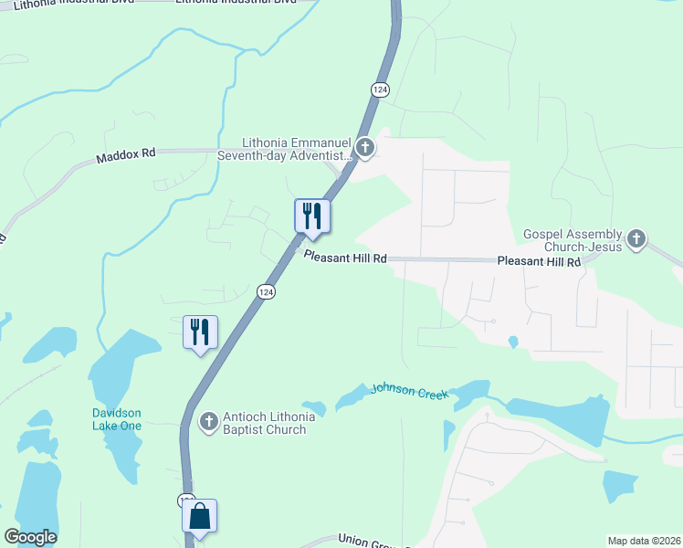 map of restaurants, bars, coffee shops, grocery stores, and more near 7411 Pleasant Hill Road in Lithonia