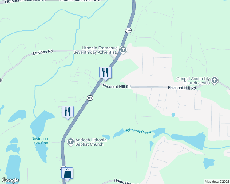 map of restaurants, bars, coffee shops, grocery stores, and more near 7411 Pleasant Hill Road in Lithonia
