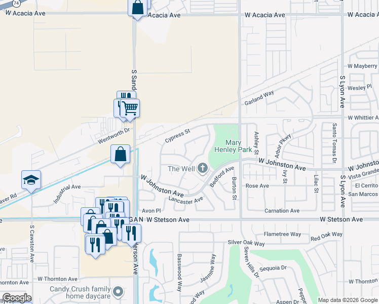 map of restaurants, bars, coffee shops, grocery stores, and more near 856 Harrow Street in Hemet