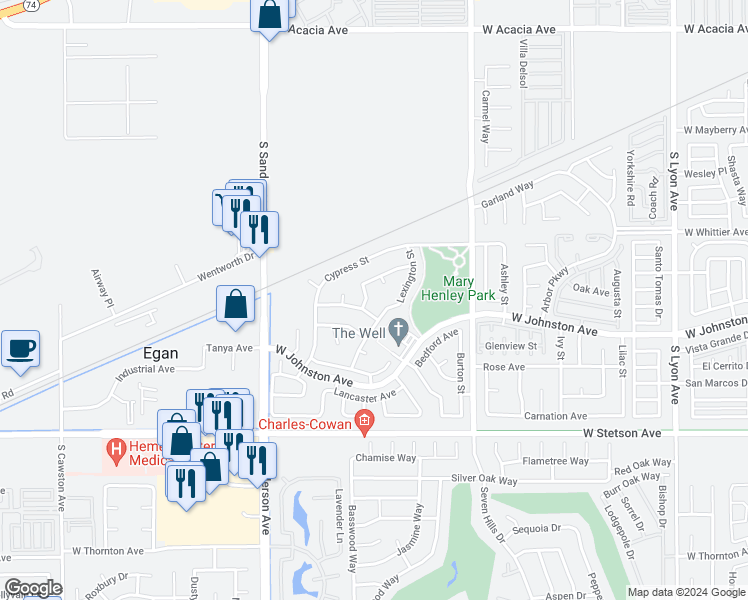 map of restaurants, bars, coffee shops, grocery stores, and more near 856 Harrow Street in Hemet