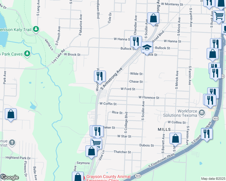 map of restaurants, bars, coffee shops, grocery stores, and more near 1048 West Florence Street in Denison
