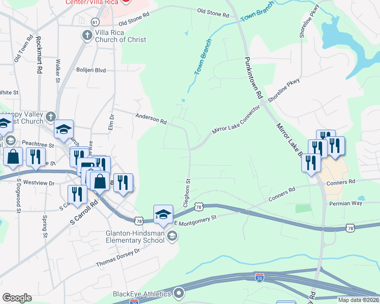 map of restaurants, bars, coffee shops, grocery stores, and more near 147 Cleghorn Street in Villa Rica