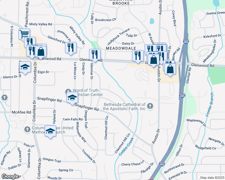 map of restaurants, bars, coffee shops, grocery stores, and more near 3632 Glen Mora Drive in Decatur