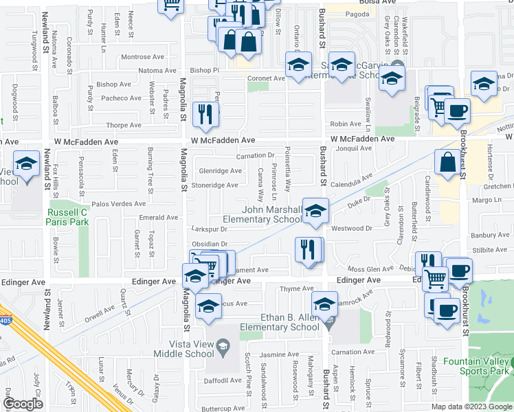 map of restaurants, bars, coffee shops, grocery stores, and more near 15741 Canna Way in Westminster