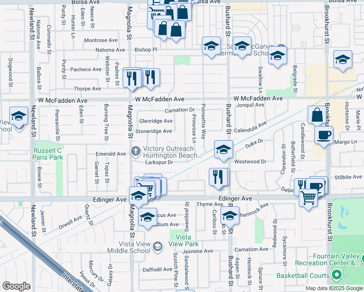 map of restaurants, bars, coffee shops, grocery stores, and more near 15741 Canna Way in Westminster