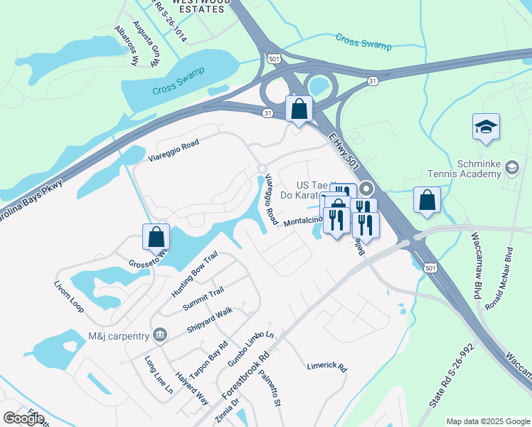 map of restaurants, bars, coffee shops, grocery stores, and more near 5250 Casentino Court in Myrtle Beach