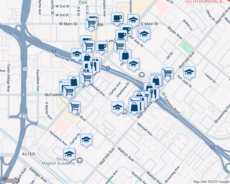 map of restaurants, bars, coffee shops, grocery stores, and more near 14162 Carfax Avenue in Tustin