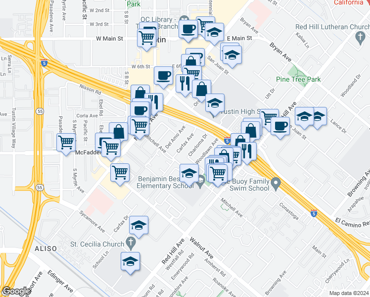 map of restaurants, bars, coffee shops, grocery stores, and more near 14162 Carfax Avenue in Tustin