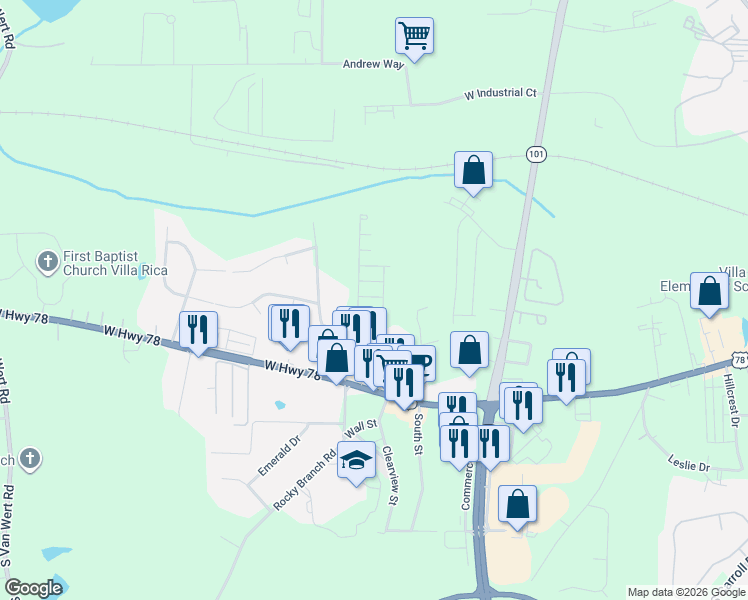 map of restaurants, bars, coffee shops, grocery stores, and more near 436-498 Villa Trce in Villa Rica
