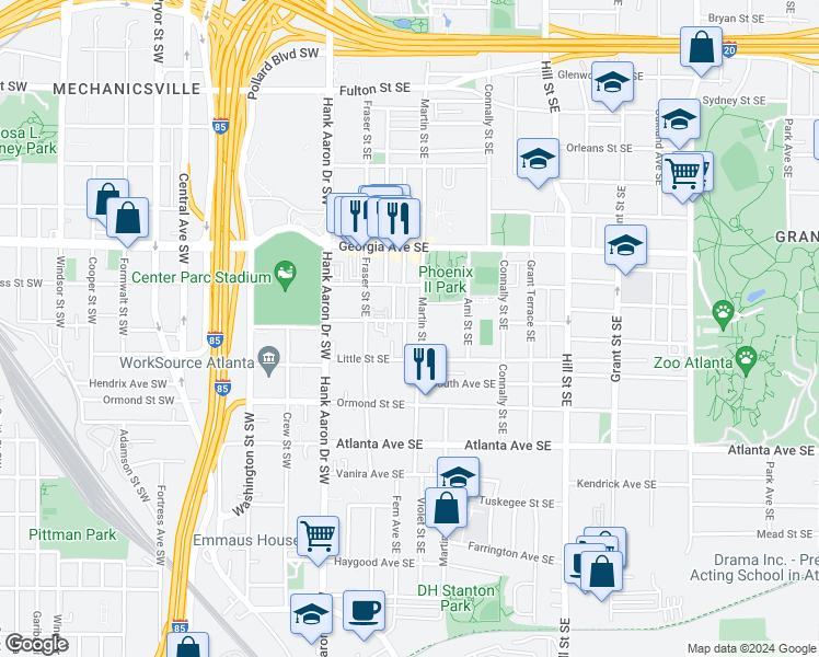 map of restaurants, bars, coffee shops, grocery stores, and more near 750 Terry Street Southeast in Atlanta