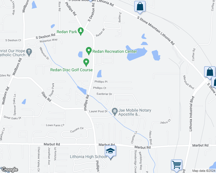 map of restaurants, bars, coffee shops, grocery stores, and more near 6354 Phillips Court in Lithonia
