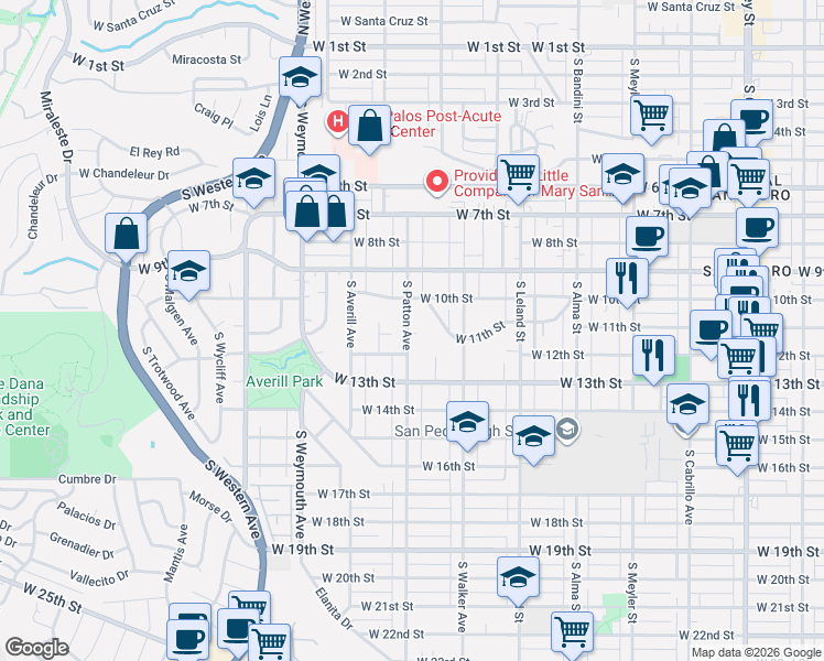 map of restaurants, bars, coffee shops, grocery stores, and more near 1100 South Patton Avenue in Los Angeles