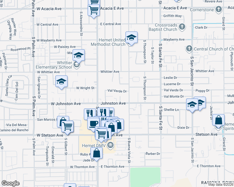 map of restaurants, bars, coffee shops, grocery stores, and more near 341 Val Verde Drive in Hemet