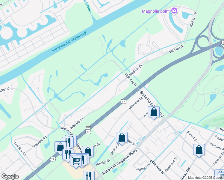map of restaurants, bars, coffee shops, grocery stores, and more near 4765 Wild Iris Drive in Myrtle Beach