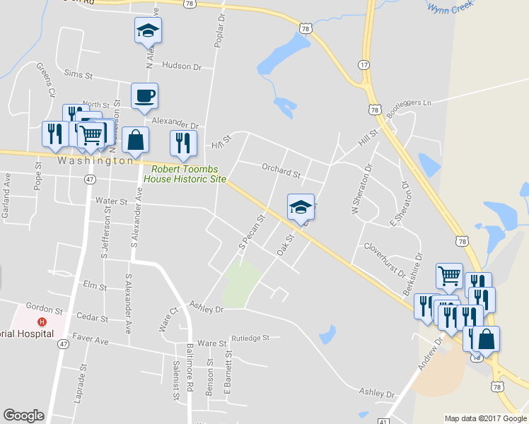 map of restaurants, bars, coffee shops, grocery stores, and more near 110 South Pecan Street in Washington