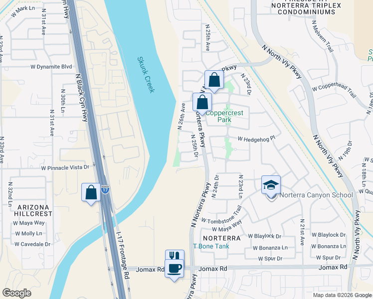 map of restaurants, bars, coffee shops, grocery stores, and more near 2518 West Bent Tree Drive in Phoenix