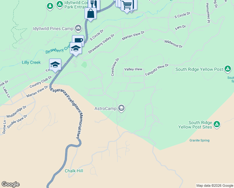 map of restaurants, bars, coffee shops, grocery stores, and more near 26785 Hopkins Road in Idyllwild-Pine Cove