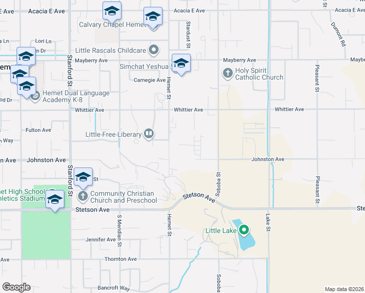 map of restaurants, bars, coffee shops, grocery stores, and more near 26686 Hemet Street in Hemet