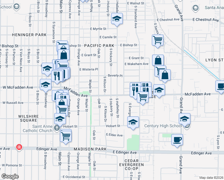 map of restaurants, bars, coffee shops, grocery stores, and more near 1103 South Hickory Street in Santa Ana
