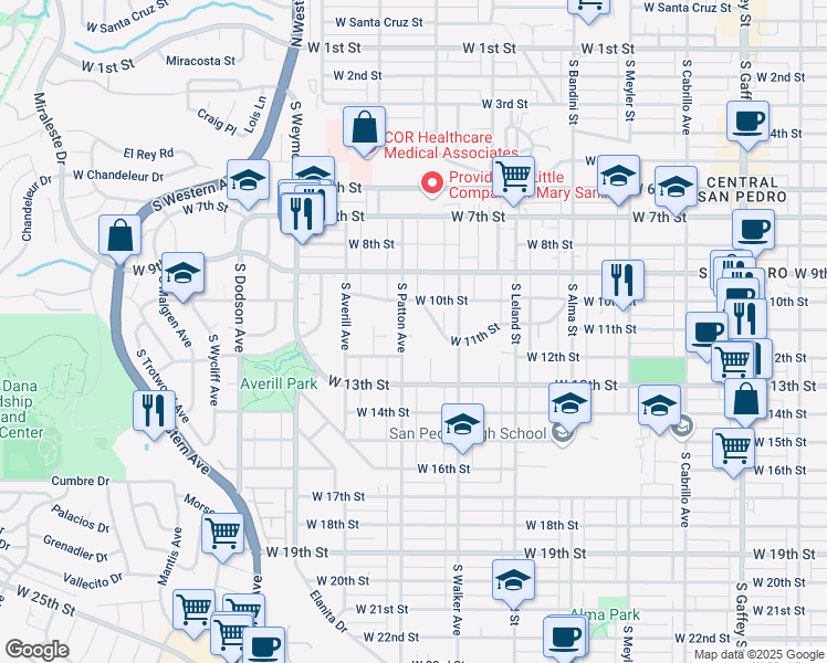 map of restaurants, bars, coffee shops, grocery stores, and more near 1100 South Patton Avenue in Los Angeles
