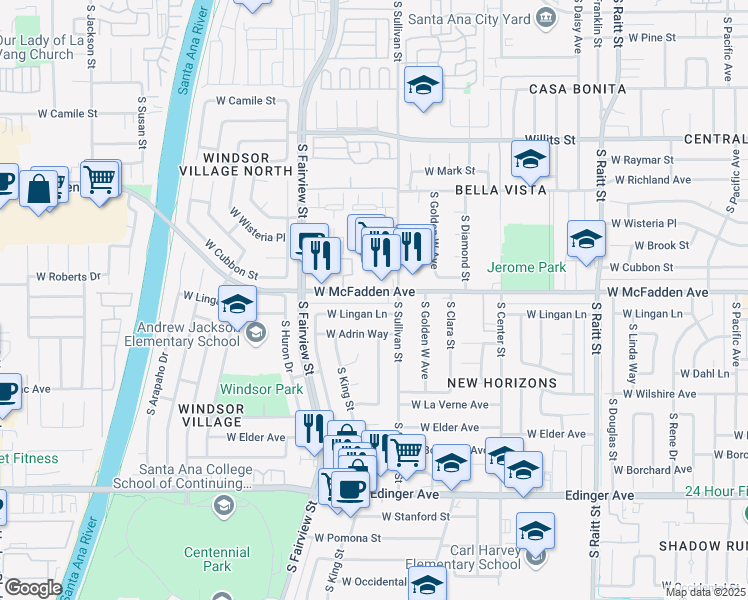 map of restaurants, bars, coffee shops, grocery stores, and more near 2510 West Lingan Lane in Santa Ana