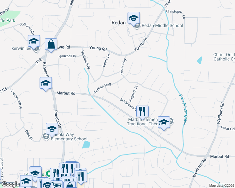 map of restaurants, bars, coffee shops, grocery stores, and more near 5617 Saint Thomas Drive in Lithonia