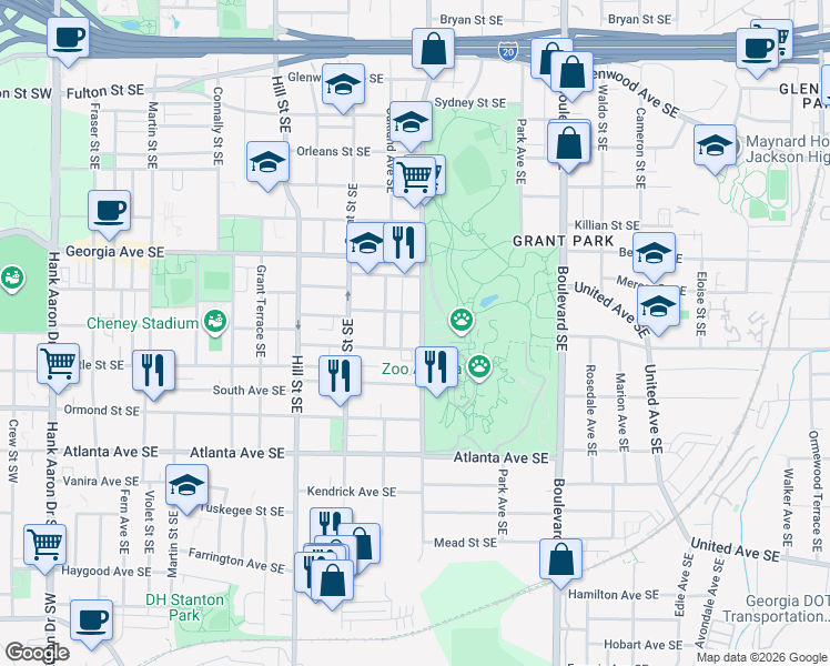 map of restaurants, bars, coffee shops, grocery stores, and more near 745 Cherokee Avenue Southeast in Atlanta