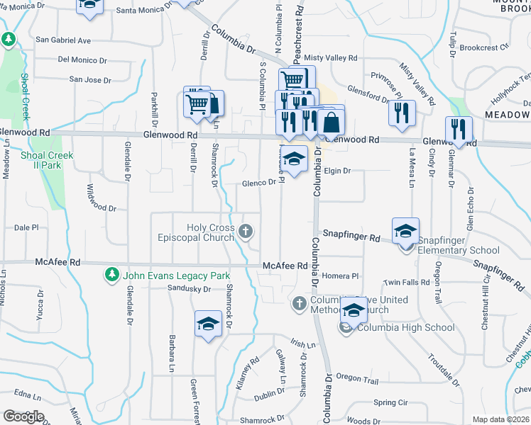 map of restaurants, bars, coffee shops, grocery stores, and more near 1948 South Columbia Place in Decatur