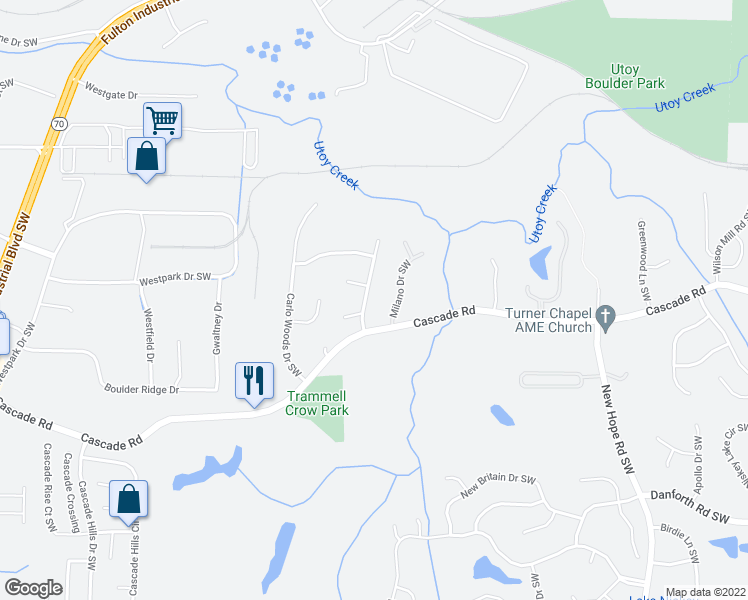 map of restaurants, bars, coffee shops, grocery stores, and more near 100 Milano Drive Southwest in Atlanta