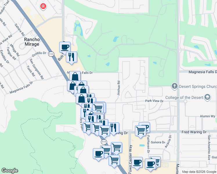 map of restaurants, bars, coffee shops, grocery stores, and more near 72400 Rancho Road in Rancho Mirage
