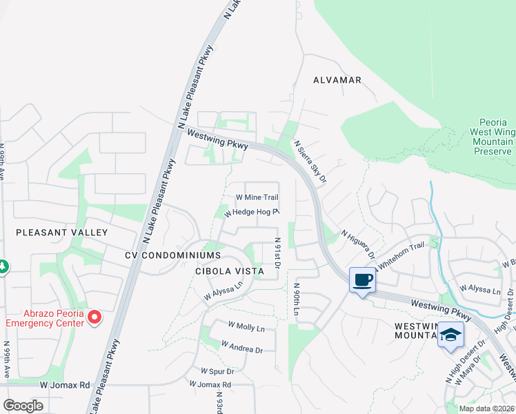 map of restaurants, bars, coffee shops, grocery stores, and more near 9152 West Bent Tree Drive in Peoria