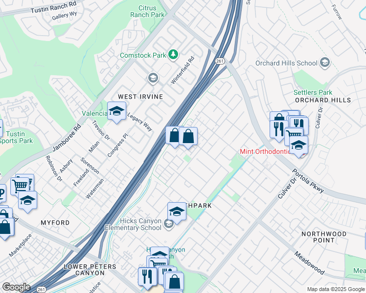 map of restaurants, bars, coffee shops, grocery stores, and more near 73 Spring Valley in Irvine