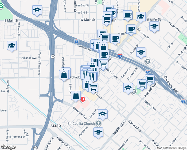 map of restaurants, bars, coffee shops, grocery stores, and more near in Tustin
