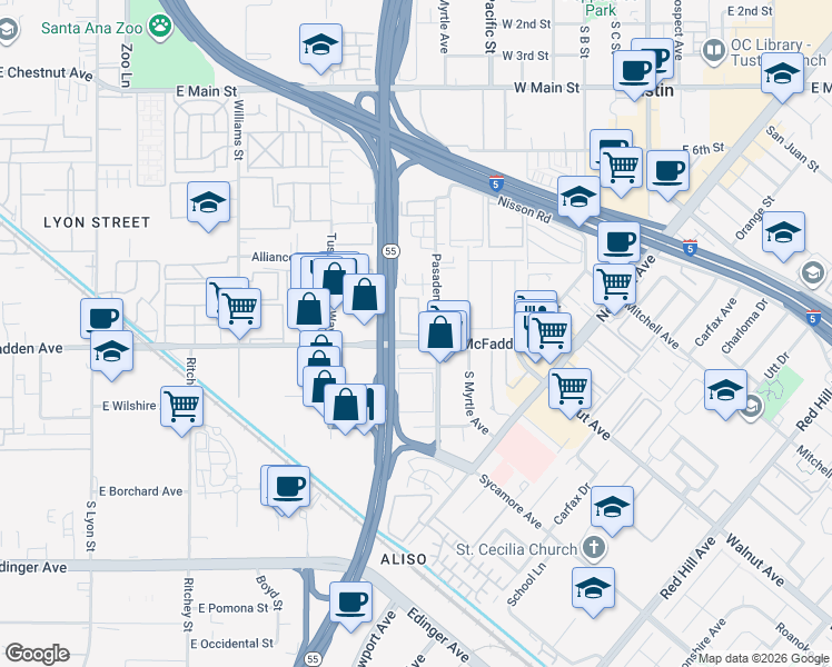 map of restaurants, bars, coffee shops, grocery stores, and more near 15811 Pasadena Avenue in Tustin