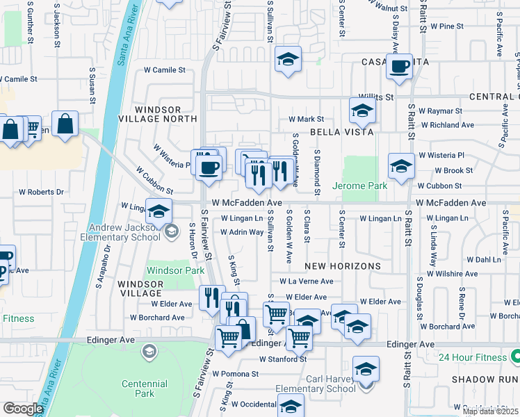 map of restaurants, bars, coffee shops, grocery stores, and more near 2510 West Lingan Lane in Santa Ana