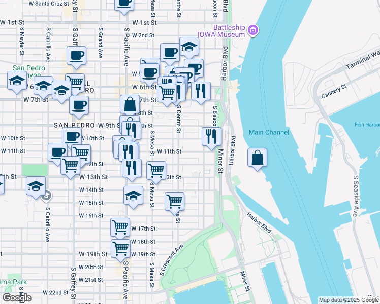 map of restaurants, bars, coffee shops, grocery stores, and more near 242 West 12th Street in Los Angeles