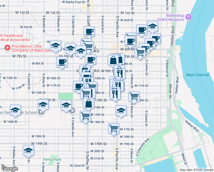 map of restaurants, bars, coffee shops, grocery stores, and more near 598 West 12th Street in Los Angeles