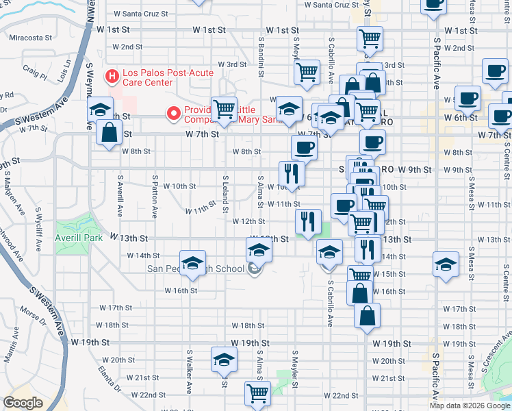 map of restaurants, bars, coffee shops, grocery stores, and more near 1134 South Alma Street in Los Angeles