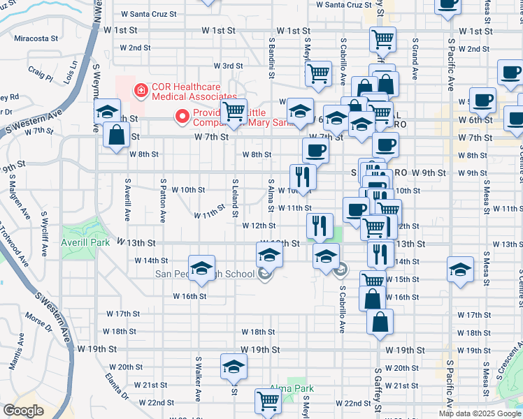 map of restaurants, bars, coffee shops, grocery stores, and more near 1134 South Alma Street in Los Angeles