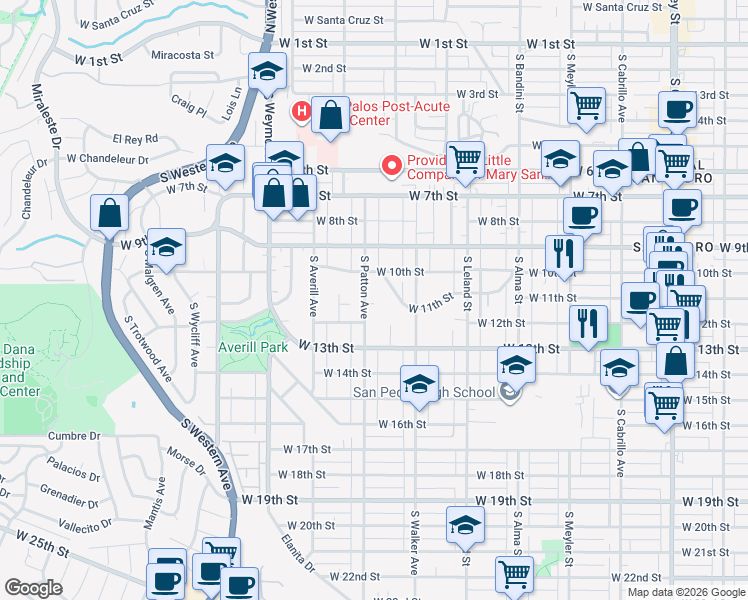 map of restaurants, bars, coffee shops, grocery stores, and more near 1100 South Patton Avenue in Los Angeles