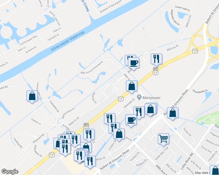 map of restaurants, bars, coffee shops, grocery stores, and more near 4694 Cloisters Lane in Myrtle Beach