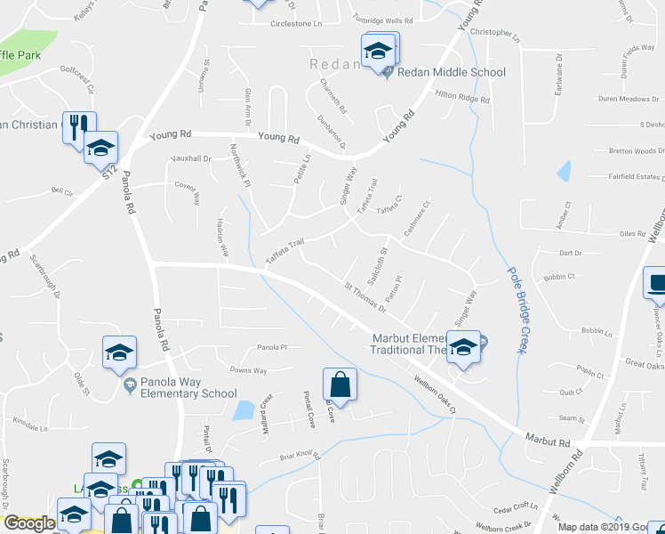 map of restaurants, bars, coffee shops, grocery stores, and more near 5617 Saint Thomas Drive in Lithonia